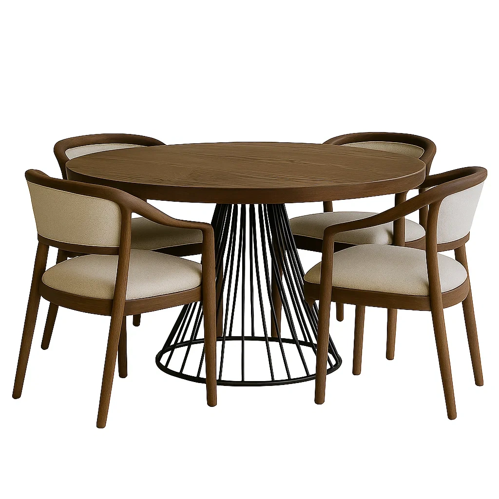 Essgruppe, 4-teilig, Holz und Metall, braun und beige, rund, mit gepolsterten Stühlen, Durchmesser 120 x 75 cm, Esszimmer - R4dmUIsdOpka