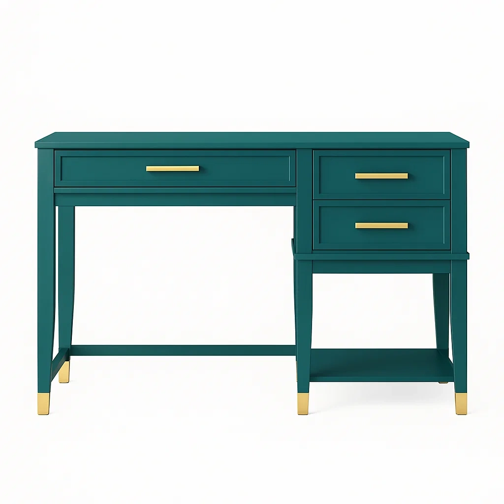 Computertisch mit 3 Schubladen und offenem Fach, grünes Gestell und goldene Details, 120 x 60 x 75 cm - meMSdku307qi