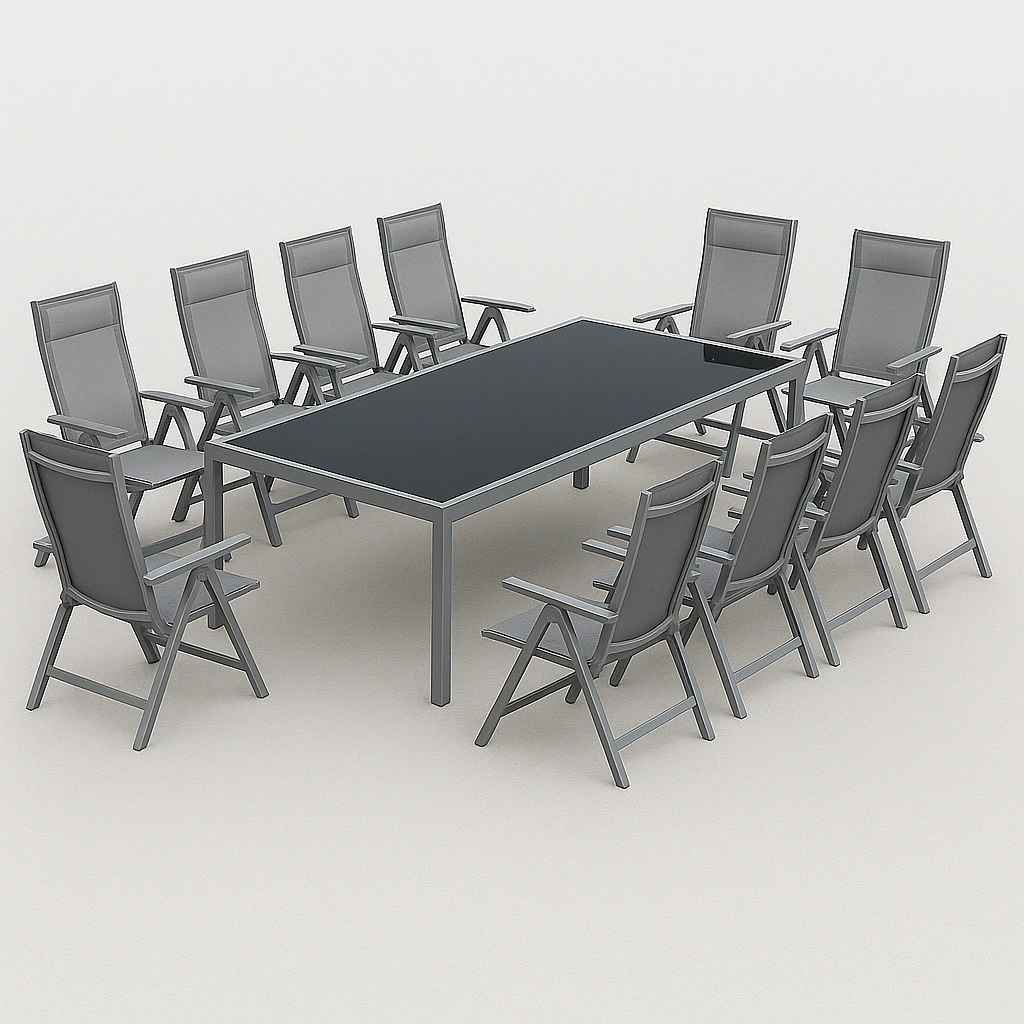 Gartenmöbelset mit Tisch und 10 grauen Stühlen mit verstellbarer Rückenlehne