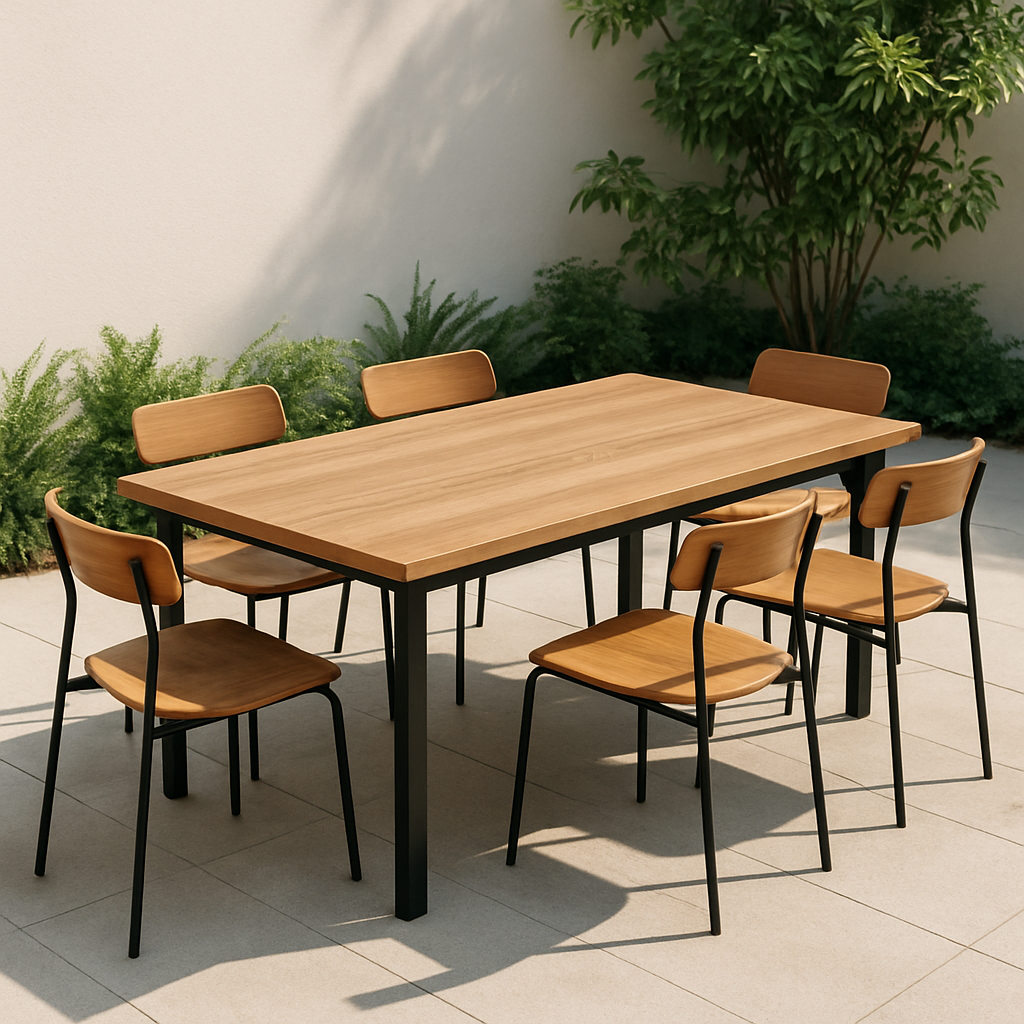 Gartenbartisch mit Stühlen, Holz und schwarzes Metall, für den Außenbereich, 180×90×75 cm