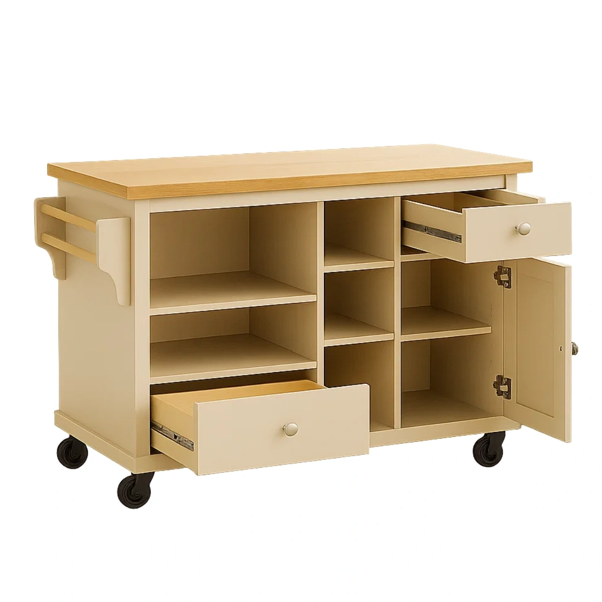 Rechteckige Kücheninsel aus beigefarbenem MDF mit heller Holzarbeitsplatte, mit Rollen, Regalen, Schubladen und Schrank, 115 x 46 x 90 cm, für den Hausgebrauch - oxrFvirr7toA