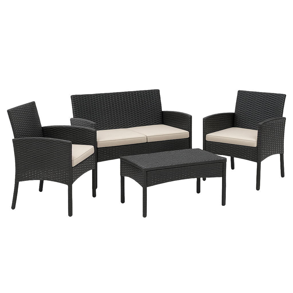 Schwarzes Rattan-Gartenmöbelset für Terrasse und Garten, 4-teilig
