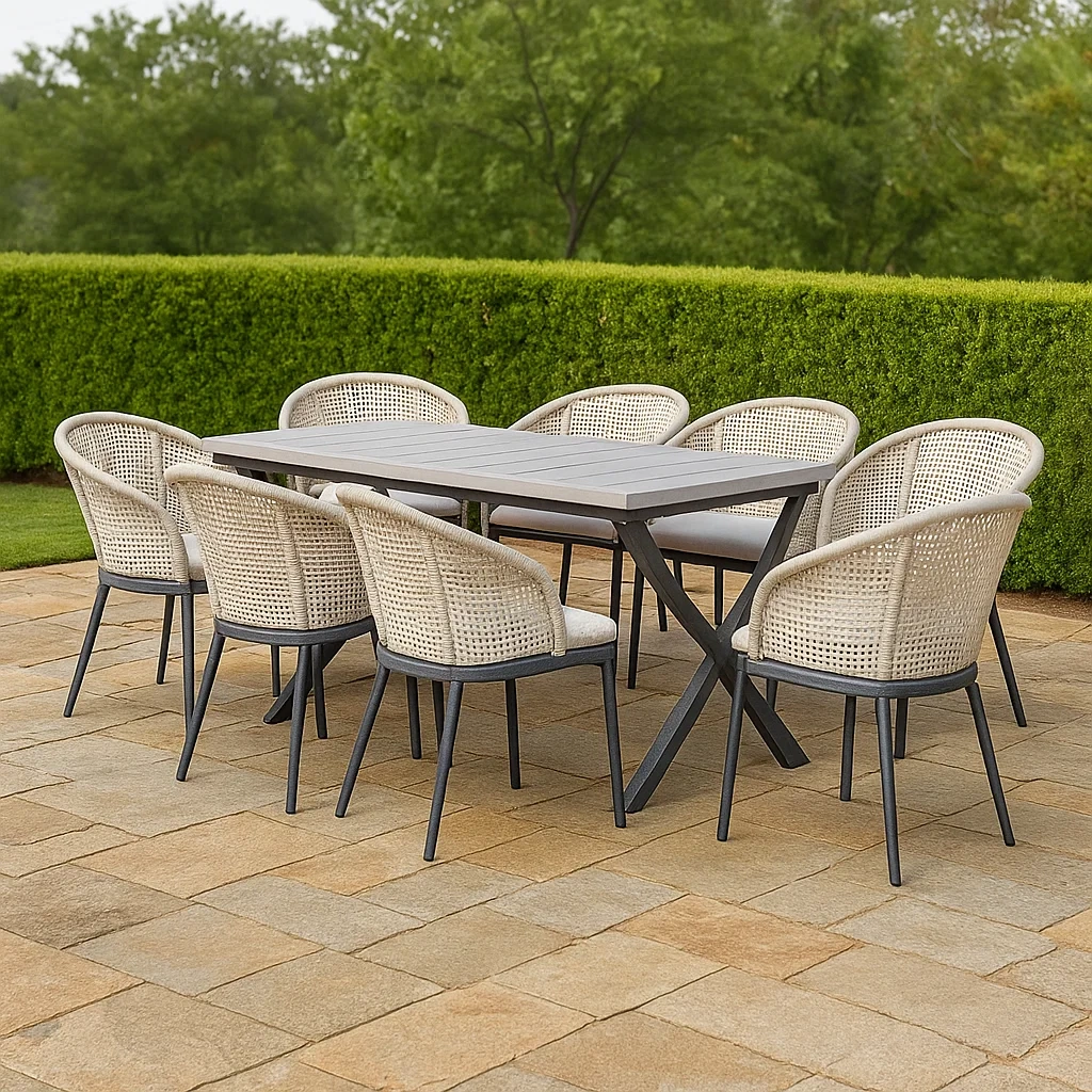 Gartenmöbel-Set für 8 Personen, Rattan und Metall, weiß, rechteckig, wetterfest, Tisch 200 x 90 x 85 cm, Stühle 50 x 50 x 80 cm, Doppelstuhl 80 x 100 x 50 cm - LXx9T6dO1dWv