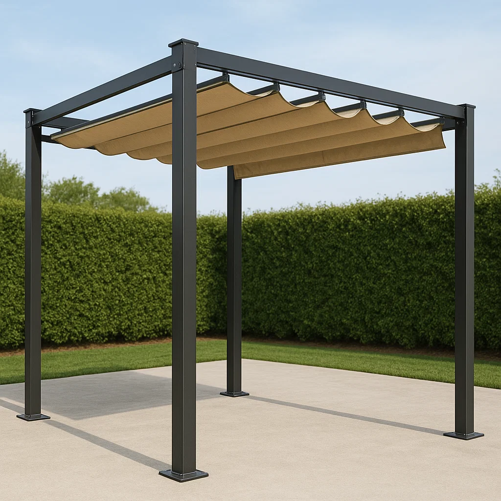 Pergola mit aufrollbarer Markise – Schwarz und Beige, Aluminium und Stoff – für den Außenbereich, ungefähre Maße: 400 x 400 x 250 cm PWIldGJ330qs