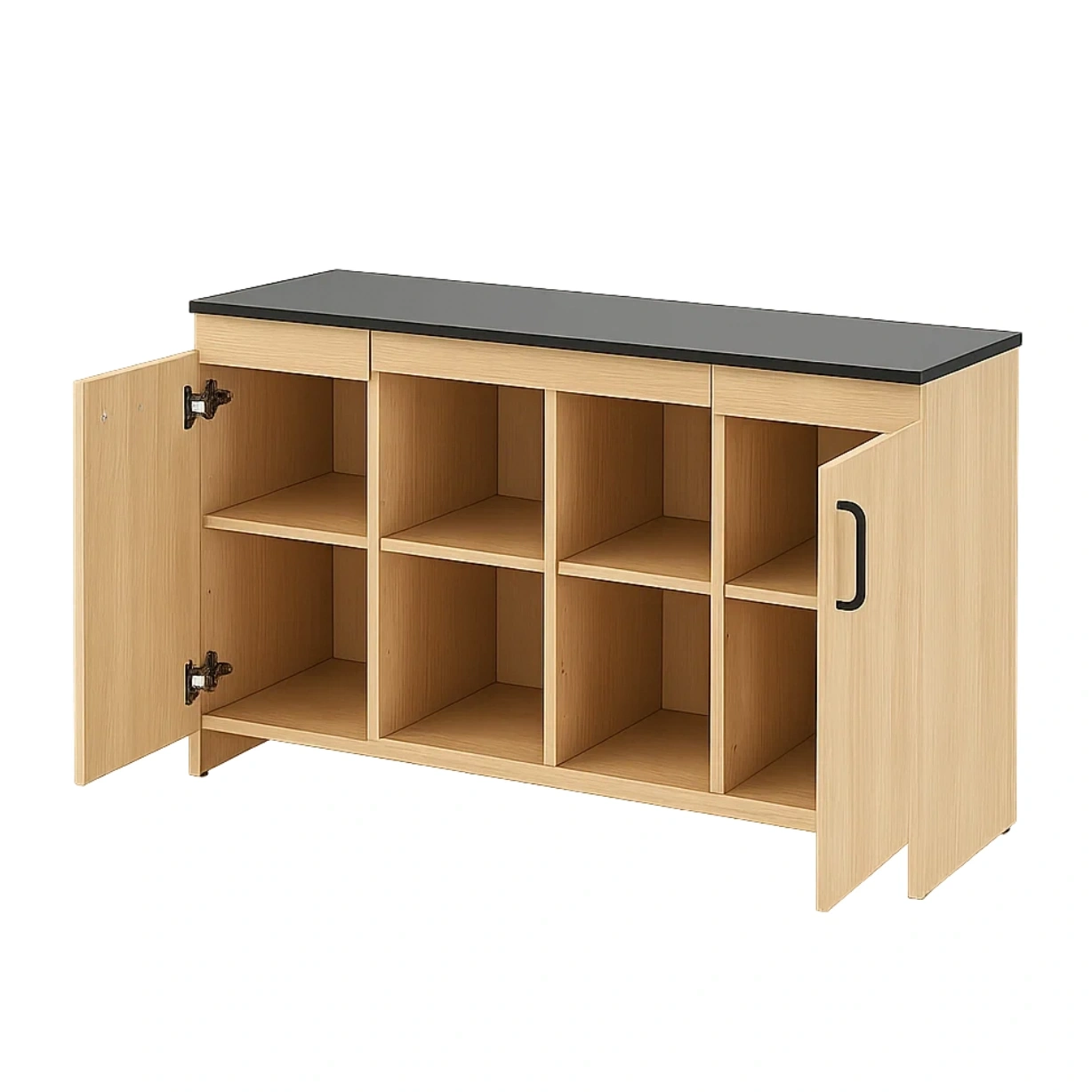 Rechteckige Kücheninsel mit offenen Fächern und MDF-Türen, helle Eichenfarbe und schwarze Arbeitsplatte, ohne Rollen, 120 x 40 x 80 cm, für funktionale Küchen - 08oNX0ehy6dP