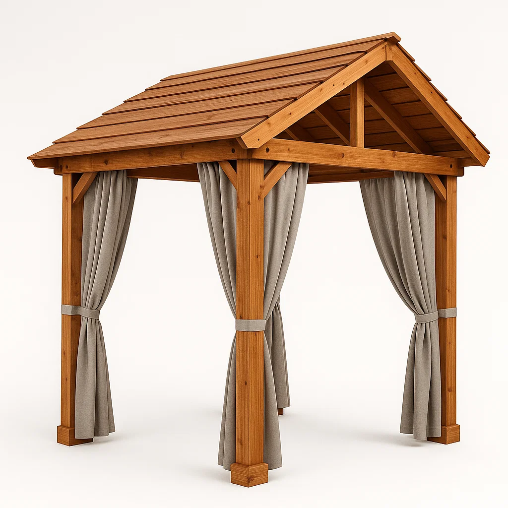 Gartenpergola aus Holz mit Vorhängen – Holzfarbe – für den Außenbereich – 400 cm lang x 340 cm hoch x 400 cm tief aCohafc310qO