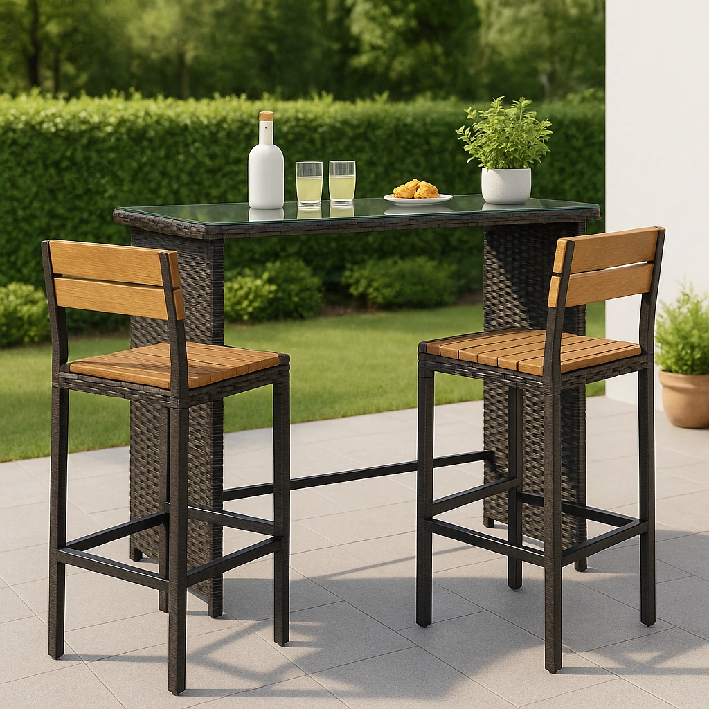 Gartenbar-Set für den Außenbereich, bestehend aus Stehtisch und Hockern mit Metallgestell und Holzsitzen.