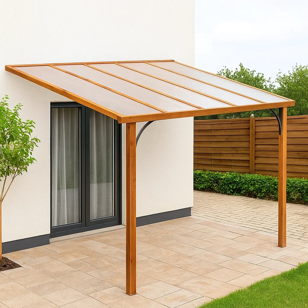 Gartenpergola aus Holz mit Polycarbonatdach, 300 x 250 x 280 cm, braunes Gestell. - UV5AtDkwEKis