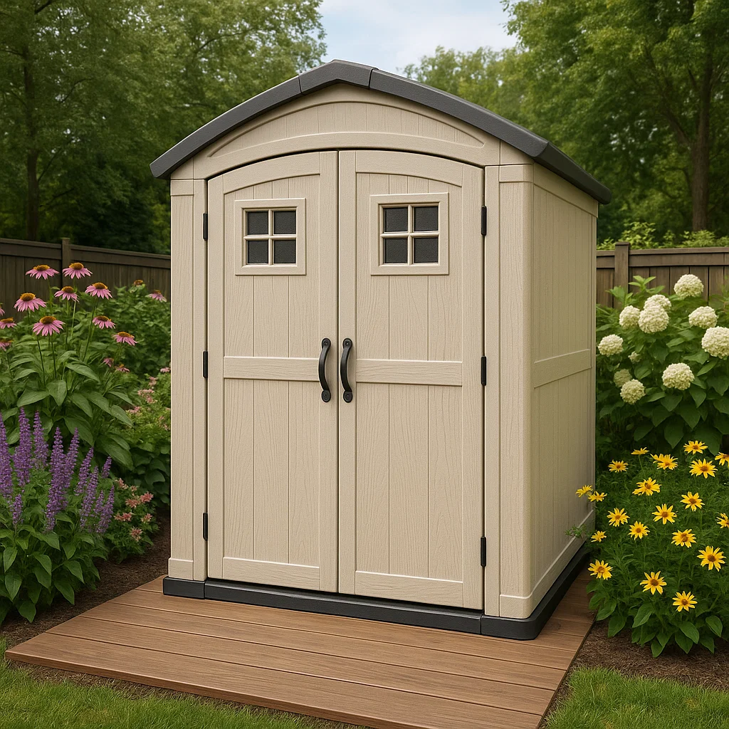 Gartenhaus, beigefarbenes Gartenhaus aus Kunstharz, 170x150x215 cm lWkQgxP203EB
