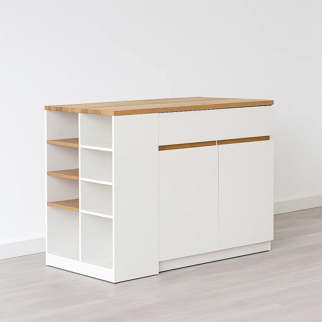 Multifunktionale Kücheninsel, weißes und hell naturfarbenes MDF, 130×65×90 cm - aOWUNeRrkG4F