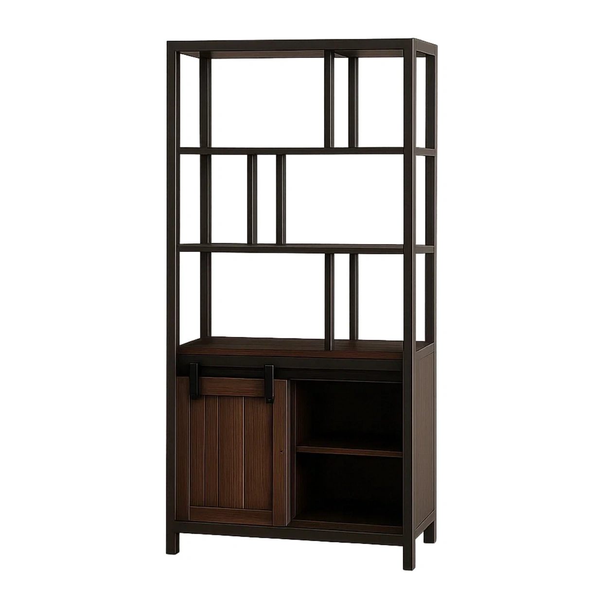 Bücherregal aus Holz, Metallrahmen, dunkles Holz, mit Schiebetür, einfache Montage, für Wohnzimmer oder Büro, 90 x 30 x 180 cm - vGRpKimE8KRd