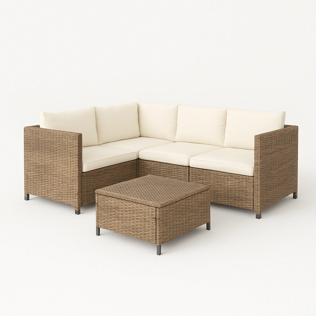 Gartenmöbelset mit Ecksofa, beige und braun, Rattan und Stoff, für den Außenbereich