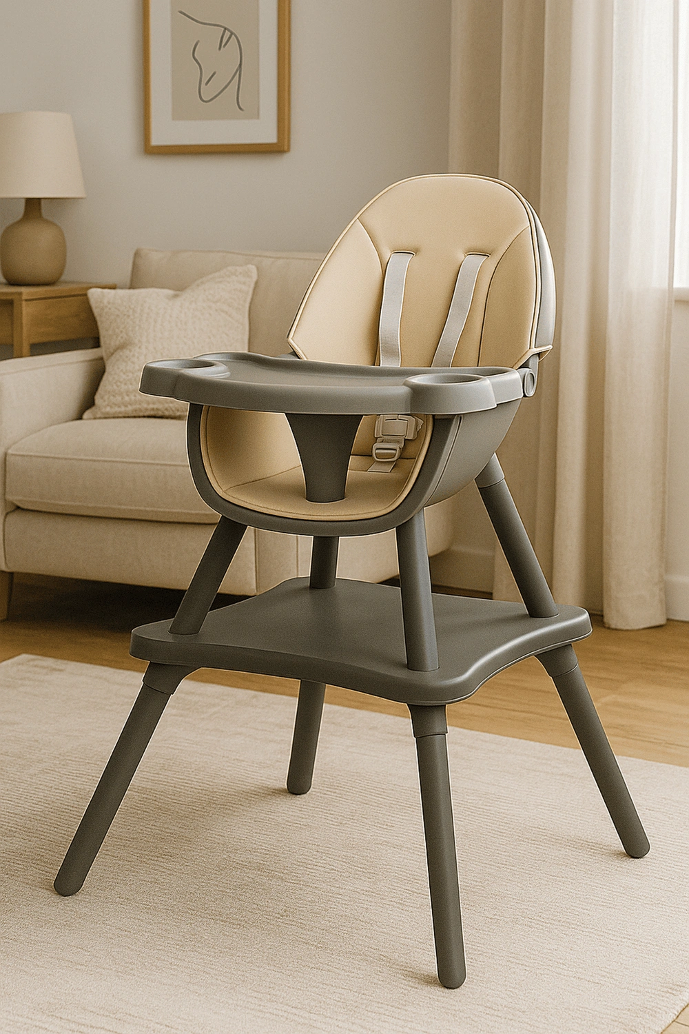 Hochstuhl mit festem Tablett und zweistufiger Konstruktion, bis 15 kg, 5-Punkt-Sicherheitsgurt, beigegrau, mit fester Rückenlehne und fester Kopfstütze, geeignet für Kinder von 6 bis 36 Monaten