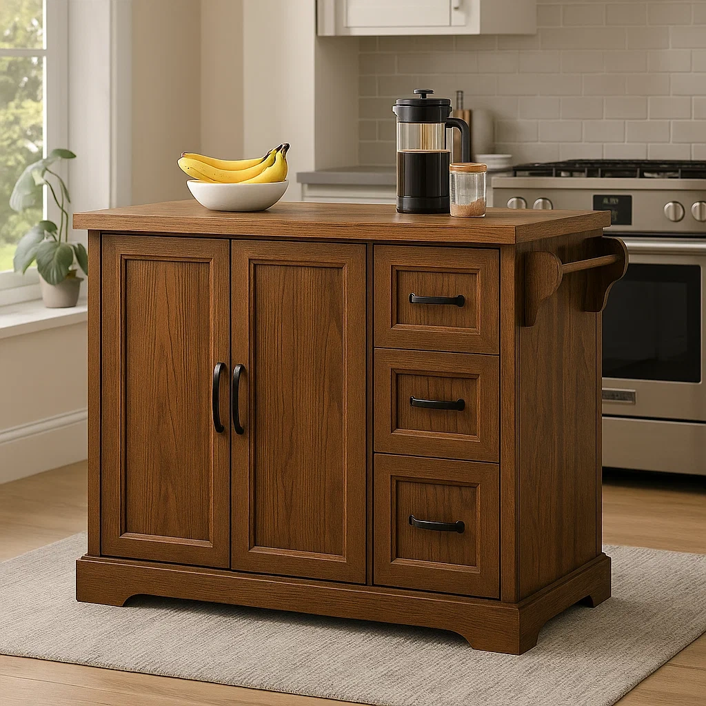 Rechteckige Kücheninsel mit Schubladen und Holztüren, Naturfarbe, freistehend, 120 x 60 x 90 cm, für die heimische Küche - AUXbIYpSWxym