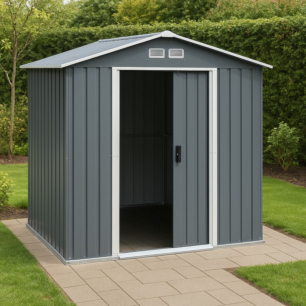 Grauer Gartenschuppen aus Stahl für die Aufbewahrung im Freien, 213 x 130 x 220 cm