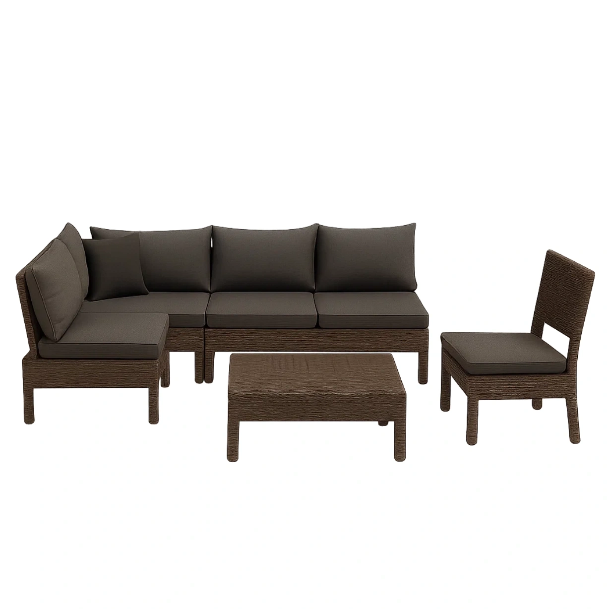5-sitzige Gartenmöbel-Lounge, Rattan, braun und grau, modular, wetterfest, Sofa 180x80x70 cm, Sessel 60x60x70 cm, Couchtisch 80x40x35 cm - fN7f2TnfzHyS