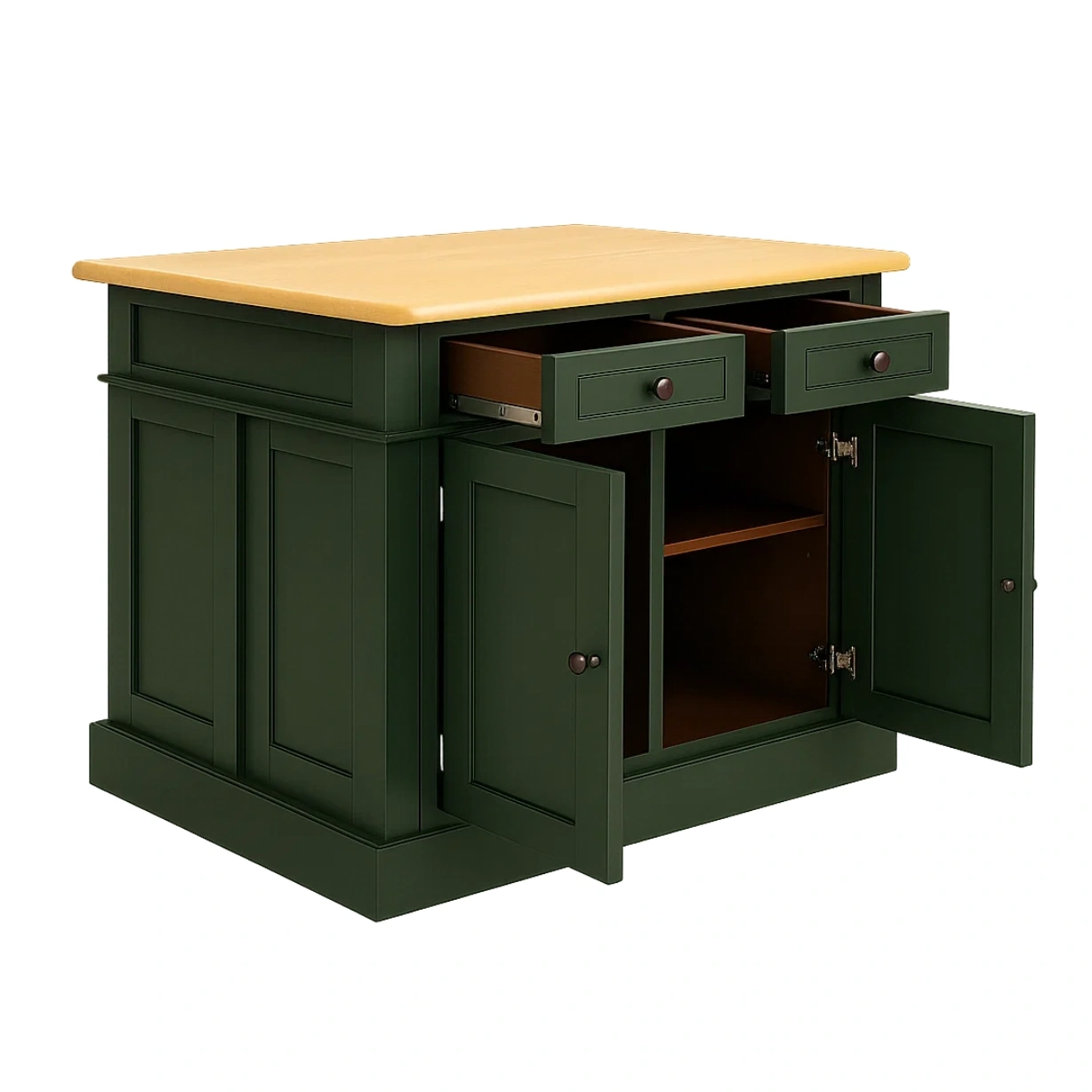 Rechteckige Kücheninsel mit Doppelschrank und zwei Schubladen, aus MDF-Holz, dunkelgrün und eichenfarben, ohne Rollen, 120 x 75 x 90 cm, für klassische Küchen - XKDB5jvw9woI