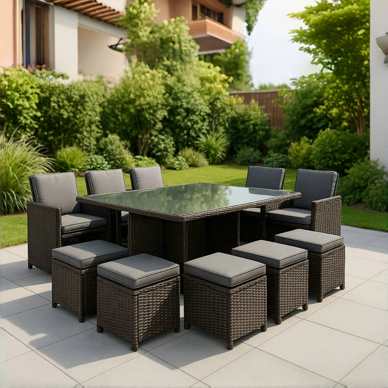 Garten-Essgruppe aus braunem/grauem Rattan für die Terrasse