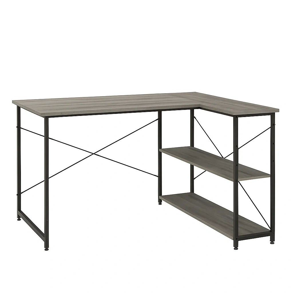 L-förmiger Schreibtisch mit 2 Ablagen, Metallgestell und grauer Holzplatte, 120 x 120 x 75 cm - QiDFwIg301aQ