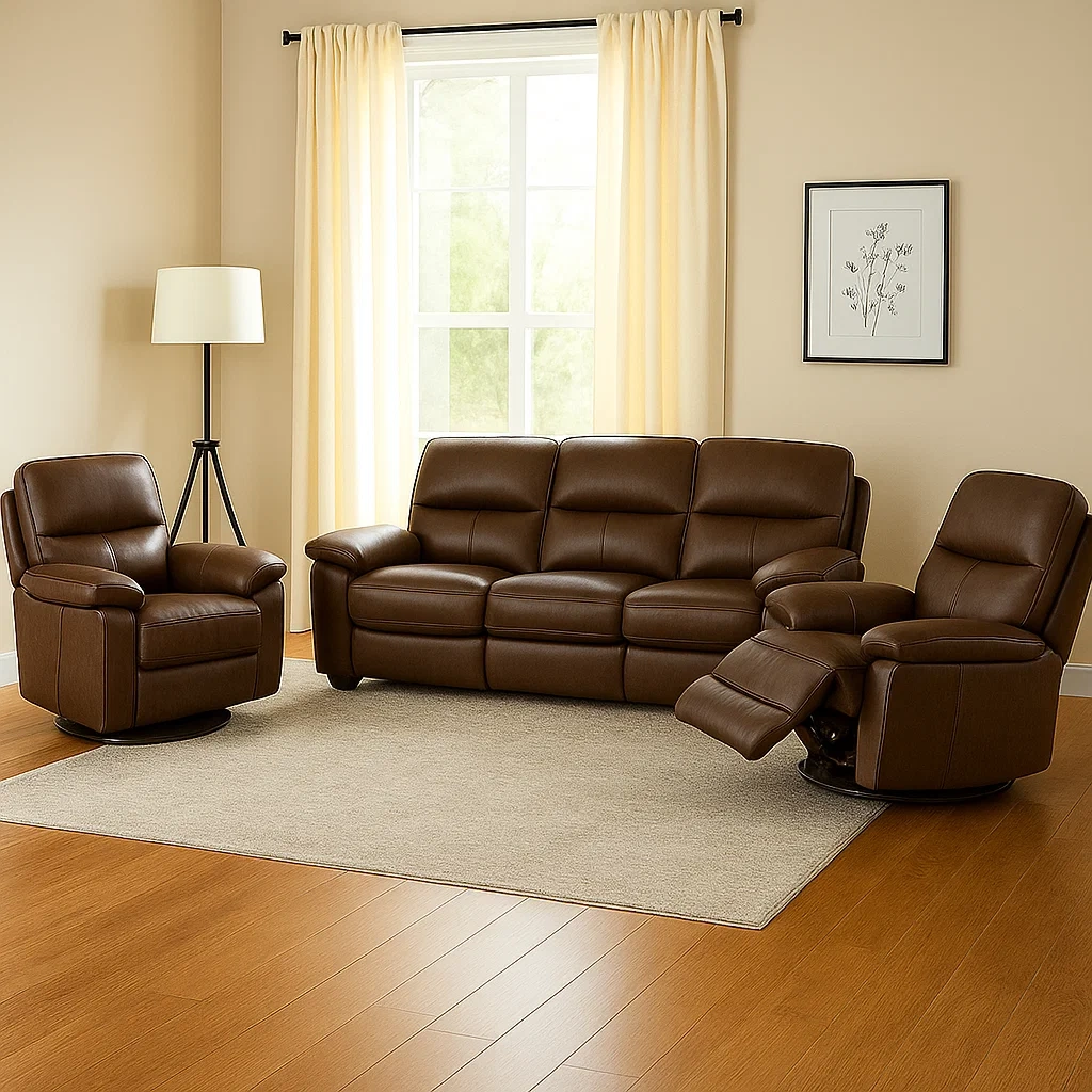 Sofagarnitur bestehend aus einem 3-Sitzer-Sofa mit Holzrahmen, Schaumstoffpolsterung und braunem Kunstlederbezug, bestehend aus Relaxsesseln und einem Sofa mit Holzrahmen. Maße Sofa: 3-Sitzer (200 x 90 x 100 cm), Maße Sessel: 85 x 90 x 100 cm - TeGep