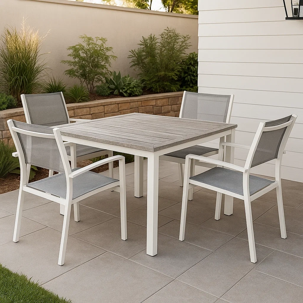Gartentisch und Stühle für 4 Personen, weißes Aluminium, quadratischer Tisch 90x90x75 cm, Stühle 55x58x85 cm, fest montiert für Terrasse, Garten oder Balkon - wsS6LXOKiE8G