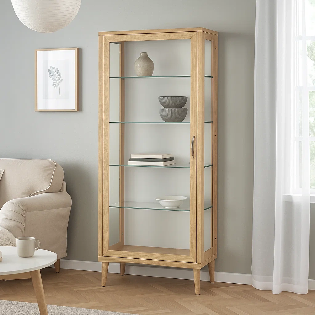 Vitrine mit Glastüren, 5 Ablagen, Holz, helle Holzfarbe, einfache Montage, fürs Wohnzimmer, 60 x 35 x 150 cm - U0sILJsbBWcu