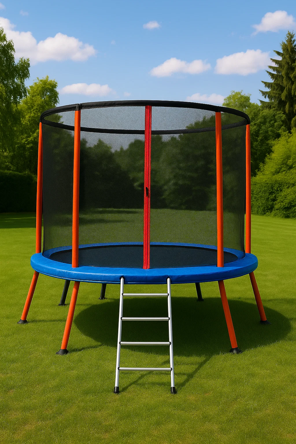 Rundes, blau-oranges Kindertrampolin aus Kunststoff und Stahl für den Garten, 305 x 305 x 250 cm, nAUkdqh118us