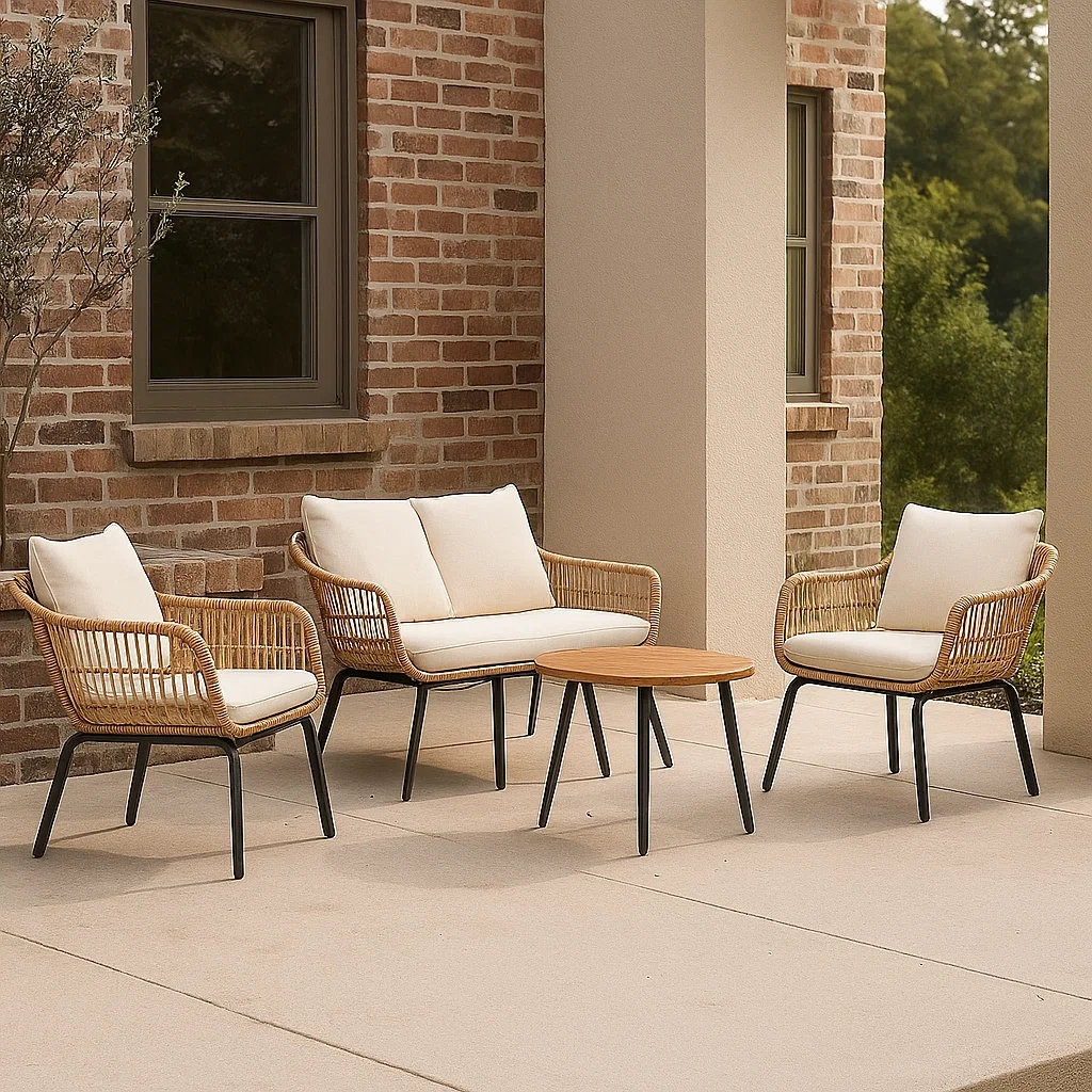 Gartenmöbel-Set, 4-Sitzer, Kunstrattan, beige, rundes Gestell, inklusive Kissen, Sessel 70 x 72 x 78 cm, Sofa 125 x 72 x 78 cm, Tisch, Durchmesser 60 x 40 cm, für Balkon oder Terrasse. - S8p23HmpTNFK