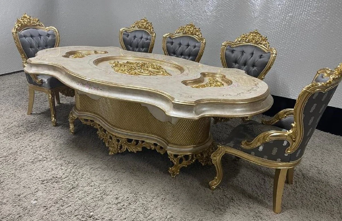 Luxus Barock Esstisch Mehrfarbig / Gold - Prunkvoller Massivholz Esszimmertisch im Barockstil - Barock Esszimmer Möbel - Luxus Esszimmer Möbel im Barockstil - Edel & Prunkvoll