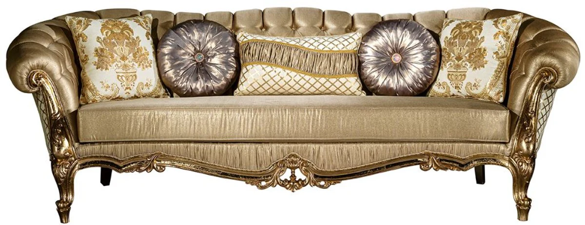 Luxus Barock Sofa Gold / Weiß 268 x 110 x H. 87 cm - Prunkvolles Wohnzimmer Sofa mit dekorativen Kissen - Wohnzimmer Möbel im Barockstil