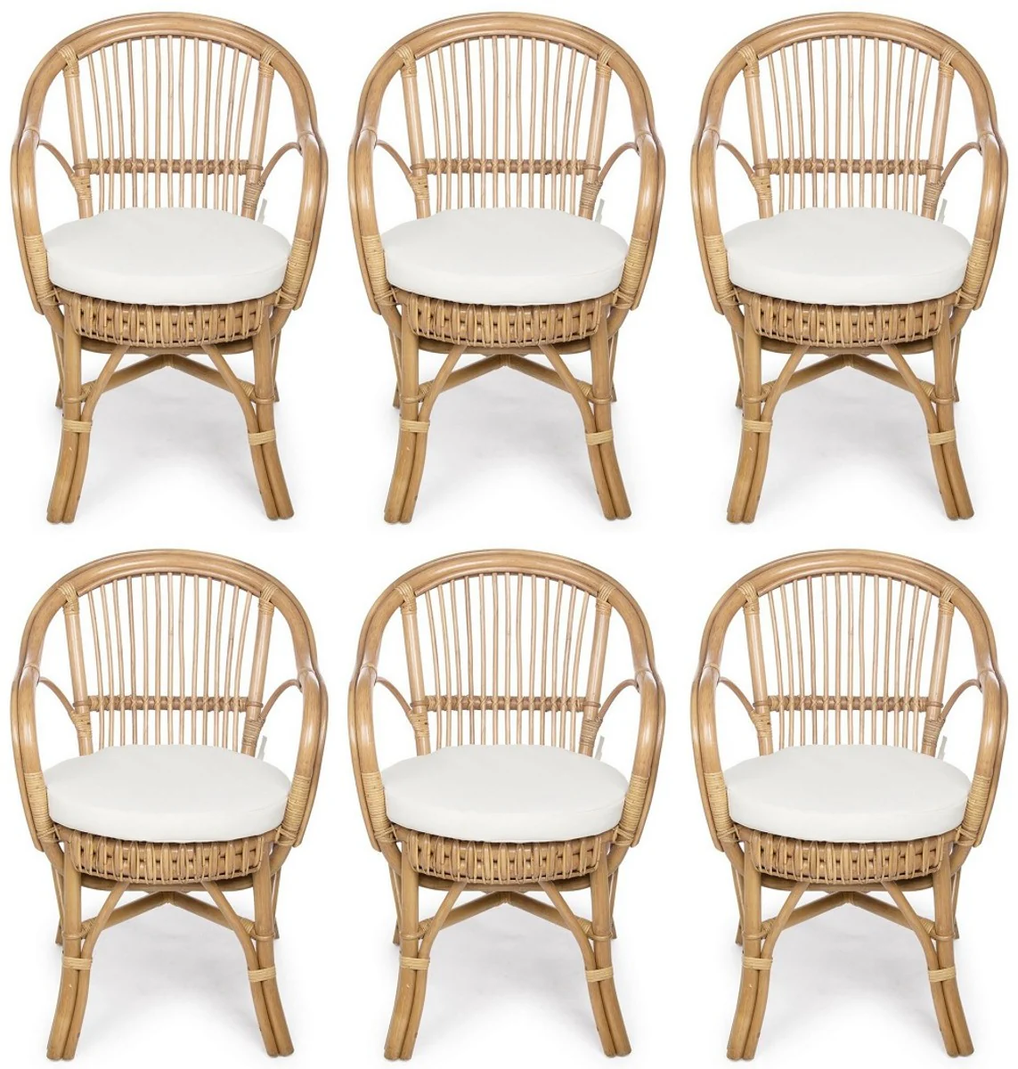 Luxus Gartenstuhl 6er Set Naturfarben / Weiß 57 x 61 x H. 80 cm - Rattan Stühle mit Armlehnen und Sitzkissen - Moderne Rattan Garten & Terrassen Möbel