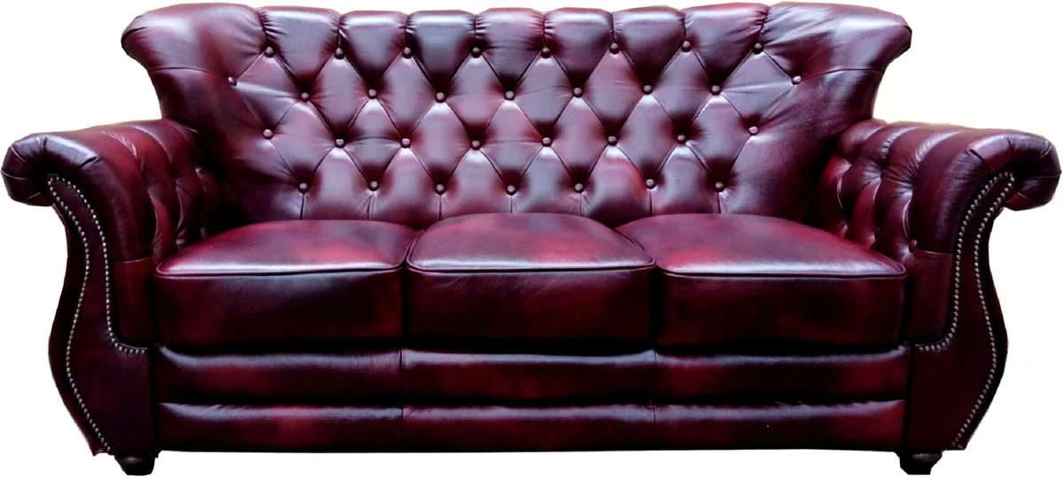 Luxus Chesterfield Leder 3er Sofa Bordeauxrot - Echtleder Wohnzimmer Sofa - Chesterfield Wohnzimmer Möbel