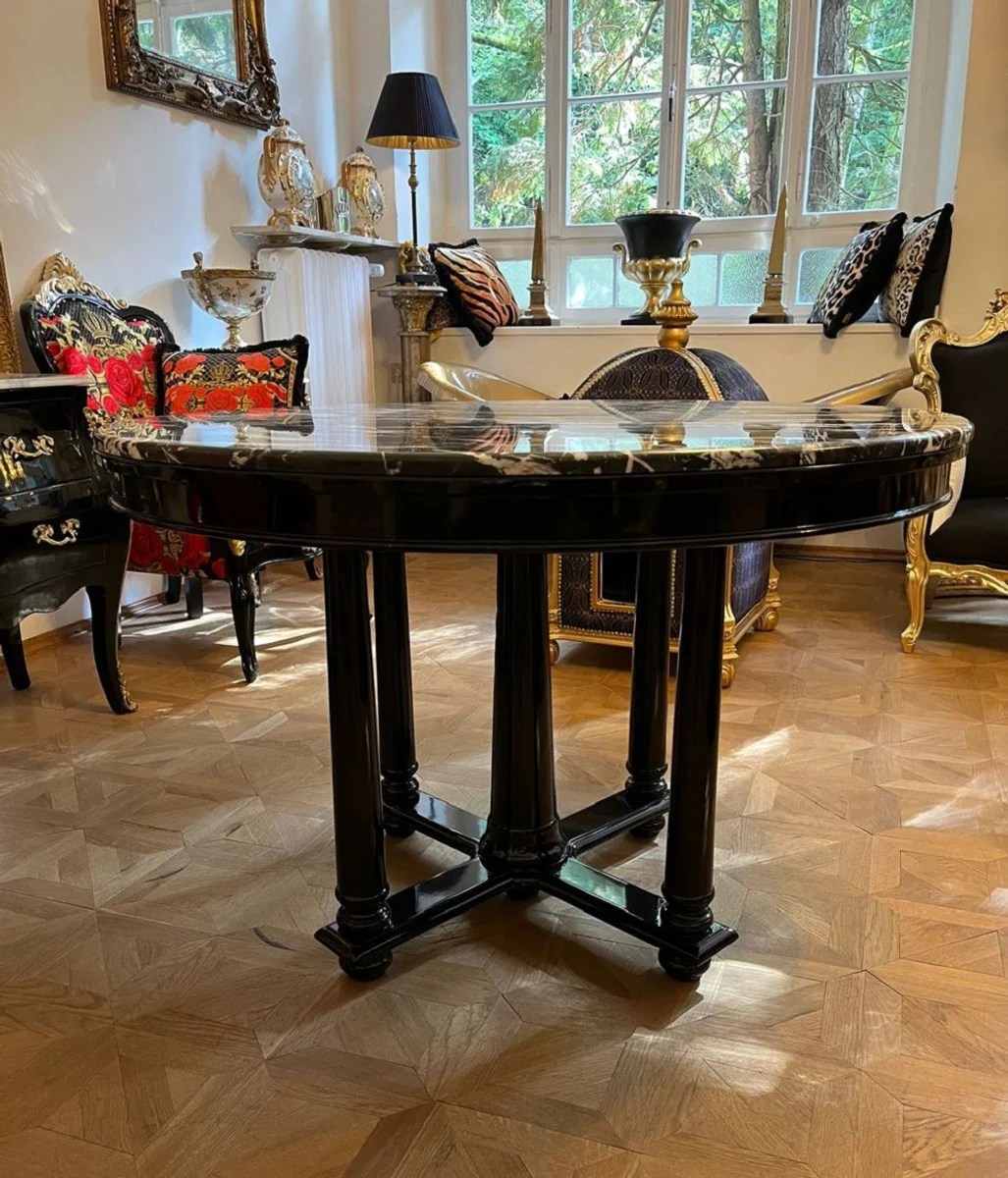 Luxus Esstisch Schwarz Ø 120 x H. 80 cm - Runder Massivholz Küchentisch mit Marmorplatte - Esszimmer Möbel - Luxus Möbel