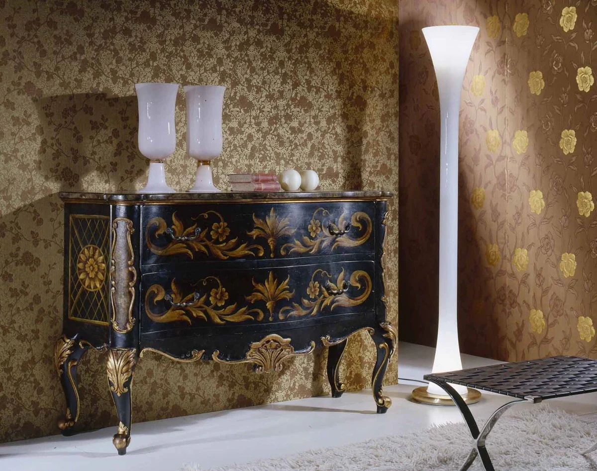 Luxus Barock Kommode Dunkelblau / Antik Gold - Handgefertigte Massivholz Kommode mit 2 Schubladen - Barockstil Schlafzimmer Möbel - Barock Möbel - Luxus Qualität - Made in Italy