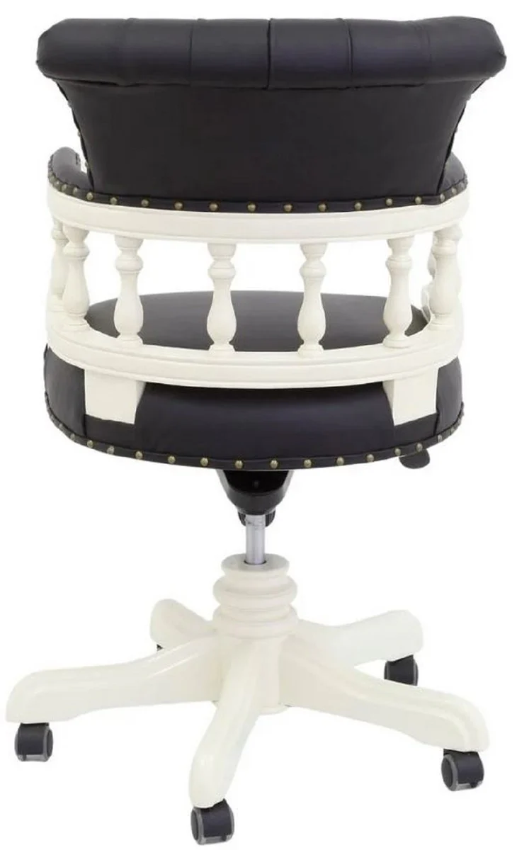 Luxus Barock Chesterfield Echtleder Schreibtischstuhl Schwarz / Weiß H. 107 cm - Barock Büro Möbel