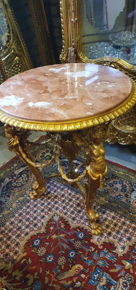 Luxus Barock Beistelltisch Gold / Beige / Braun - Prunkvoller runder Bronze Tisch mit Marmorplatte - Luxus Möbel im Barockstil - Barockstil Wohnzimmer Möbel - Barock Möbel