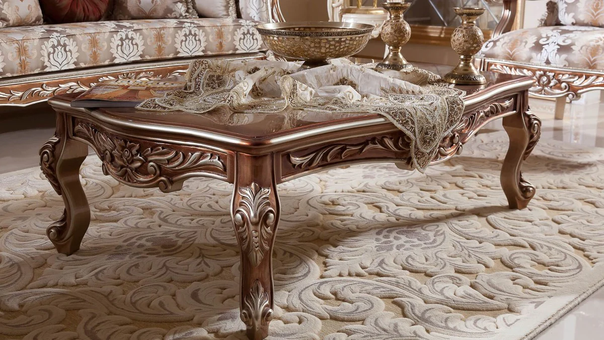 Luxus Barock Wohnzimmer Set Grau / Kupfer / Silber - 2 Barock Sofas & 2 Barock Sessel & 1 Barock Couchtisch - Luxus Wohnzimmer Möbel im Barockstil - Barock Möbel - Barock Einrichtung