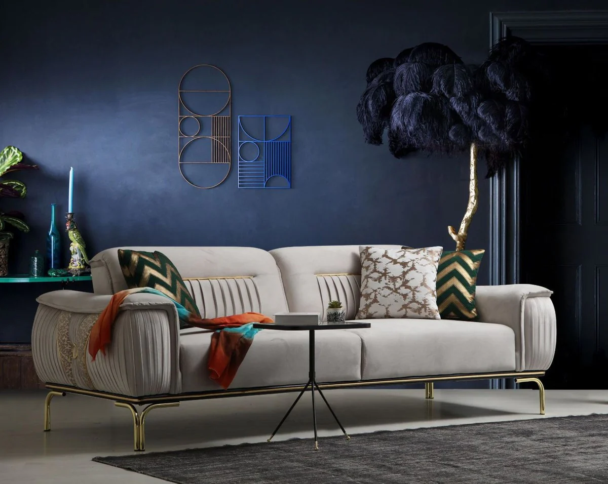 Luxus Wohnzimmer Sofa mit verstellbarer Rückenlehne Grau / Beige / Gold 223 x 93 x H. 78 cm - Luxus Wohnzimmer Möbel