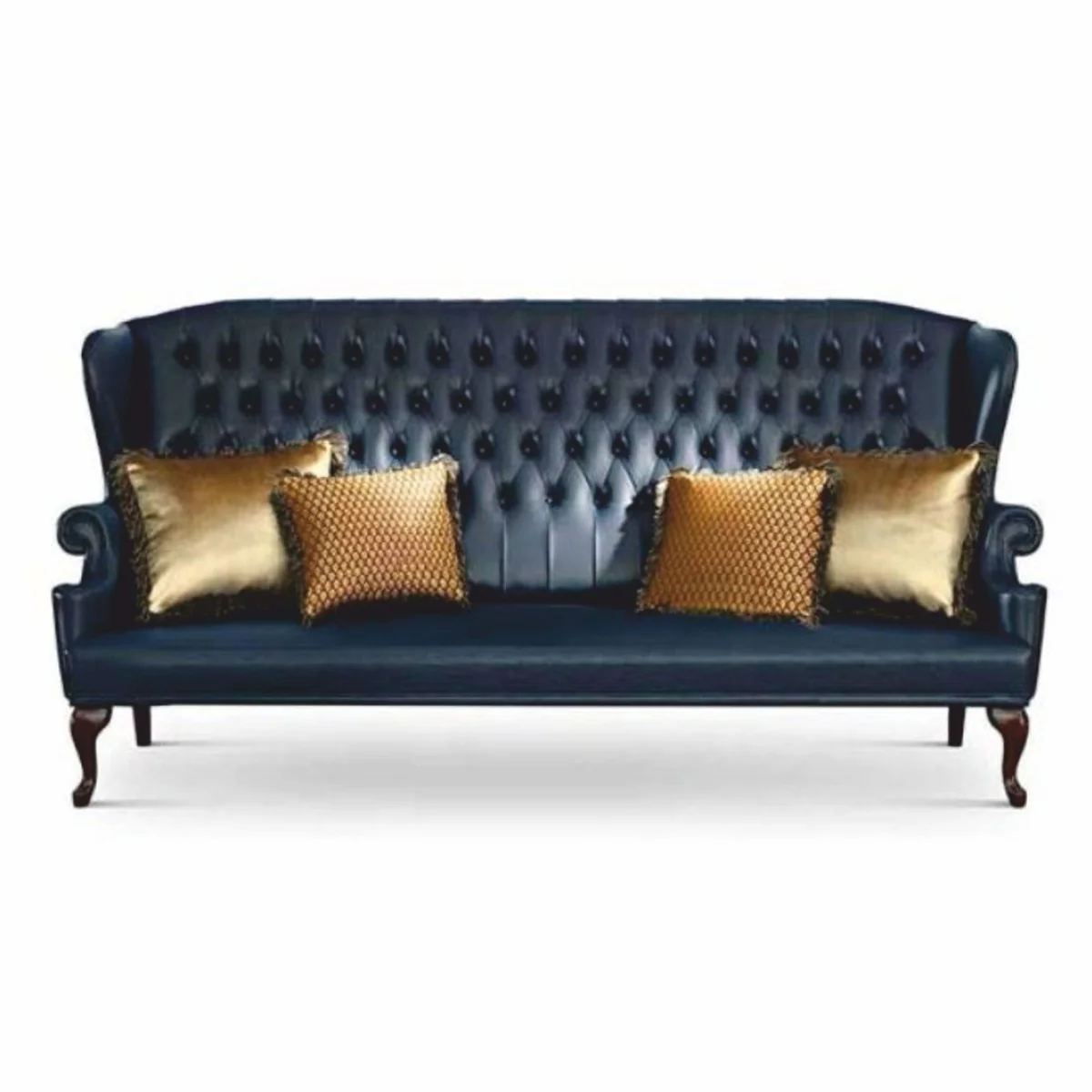 Luxus Barock Chesterfield Leder Hochlehn Sofa Blau / Dunkelbraun 220 cm - Made in Italy