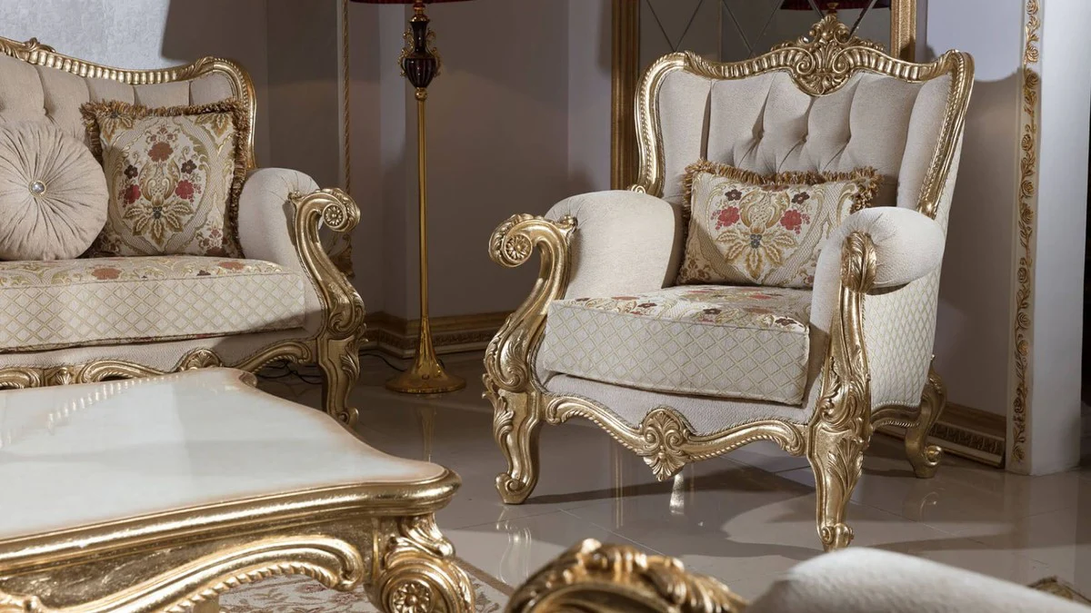 Luxus Barock Sofa Grau / Mehrfarbig / Gold 245 cm