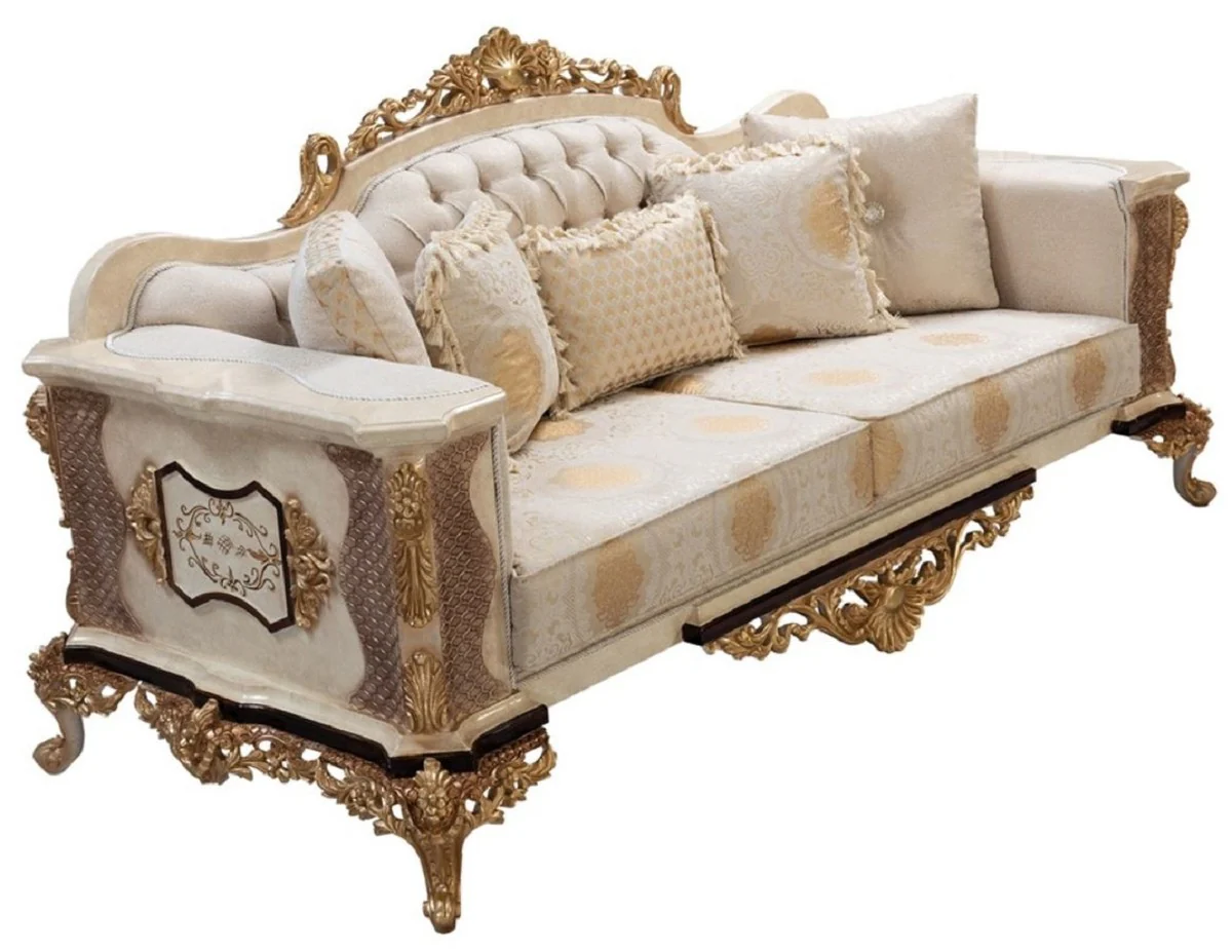 Luxus Barock Sofa Weiß / Beige / Creme / Schwarz / Gold - Barockstil Wohnzimmer Sofa mit elegantem Muster - Luxus Wohnzimmer Möbel im Barockstil - Barock Möbel - Barock Einrichtung