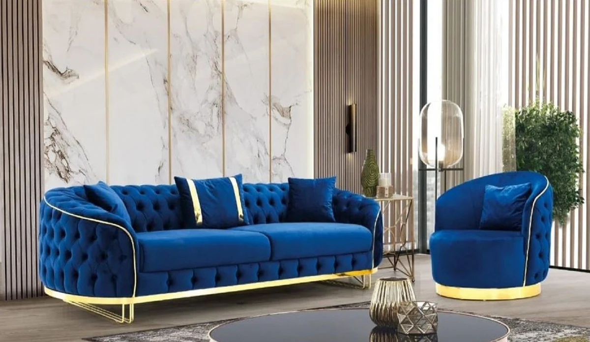 Luxus Chesterfield Sofa Blau / Gold 240 x 95 x H. 72 cm - Modernes Wohnzimmer Sofa - Chesterfield Wohnzimmer Möbel