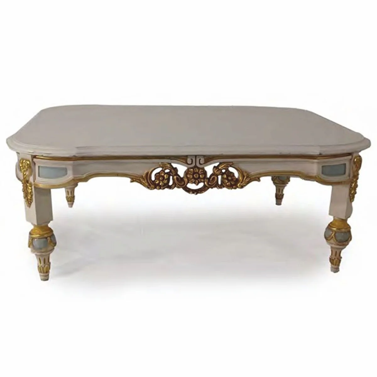 Luxus Barock Couchtisch Grau / Hellblau / Gold 111 cm - Made in Italy