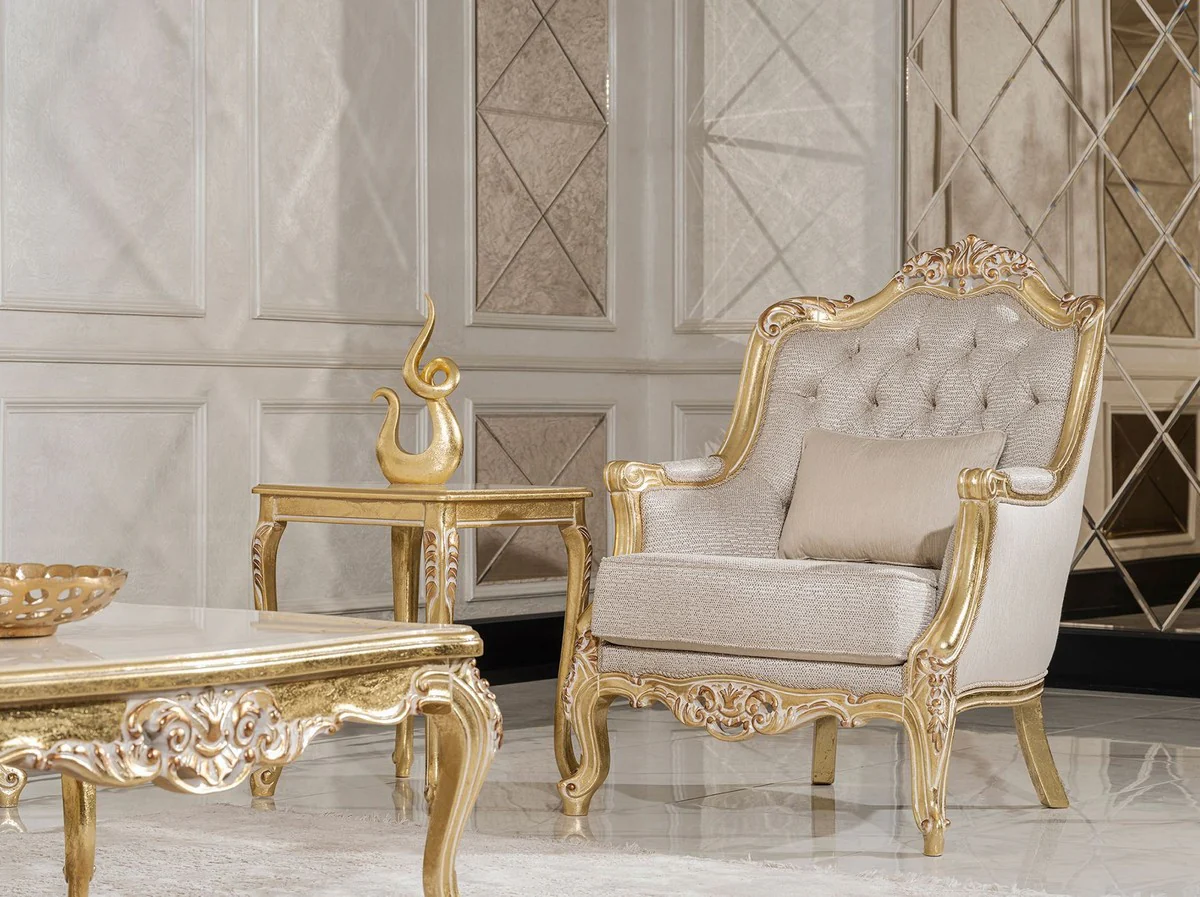 Luxus Barock Beistelltisch Gold / Creme / Weiß - Quadratischer Massivholz Tisch im Barockstil - Luxus Wohnzimmer Möbel im Barockstil - Barock Möbel - Edel & Prunkvoll