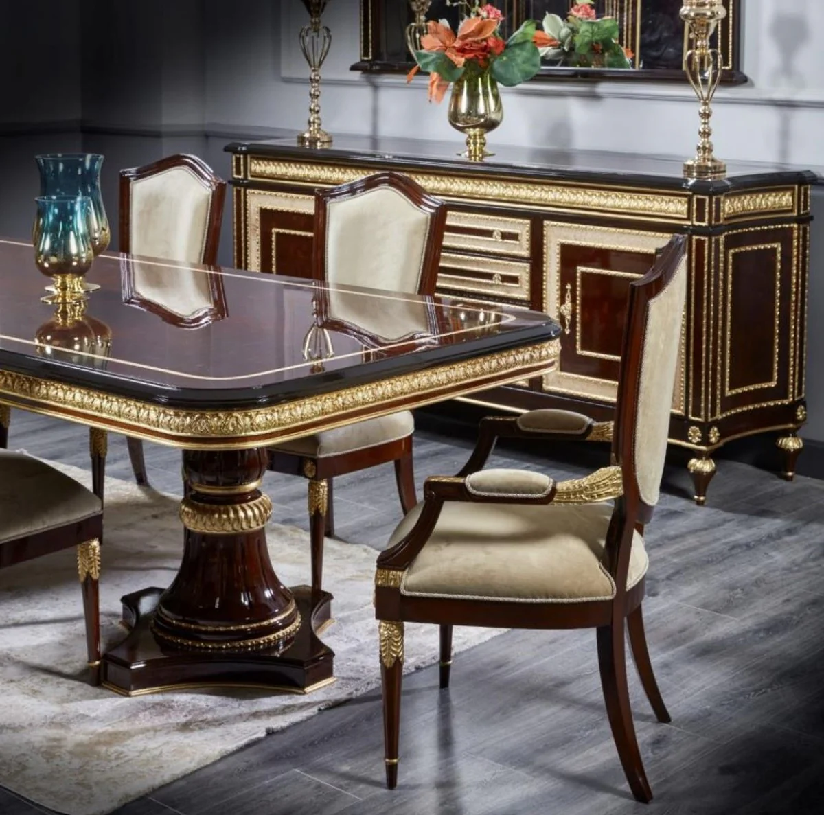 Luxus Barock Esszimmer Set Dunkelbraun / Gold - 1 Barock Esstisch & 8 Barock Esszimmerstühle - Luxus Esszimmer Möbel im Barockstil - Barock Möbel - Edel & Prunkvoll