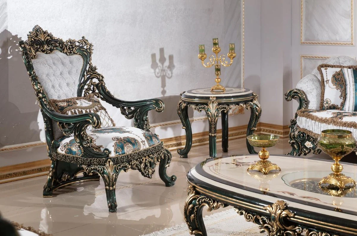 Luxus Barock Beistelltisch Beige / Weiß / Grün / Gold - Prunkvoller Massivholz Tisch im Barockstil - Barock Wohnzimmer Möbel - Edel & Prunkvoll