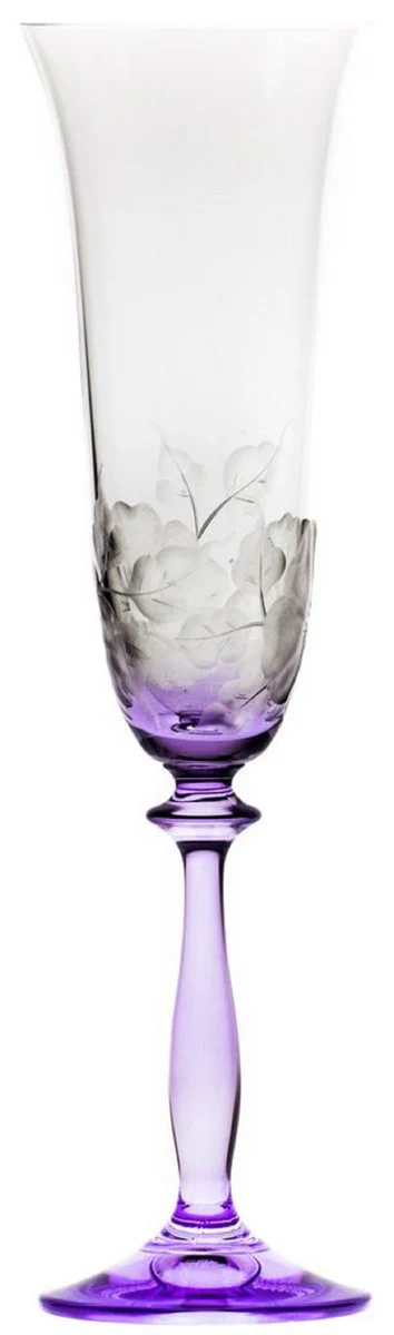 Luxus Barock Champagnerglas 6er Set Lila Ø 7 x H. 24,5 cm - Handgefertigte und handgravierte Champagnergläser mit Blumen Design - Hotel & Restaurant Accessoires