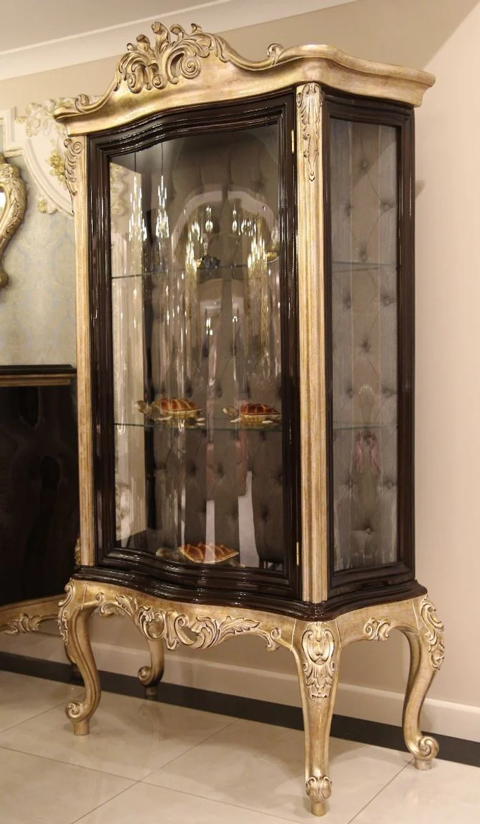 Luxus Barock Vitrine Dunkelbraun / Beige / Gold 120 x 50 x H. 205 cm - Massivholz Vitrinenschrank - Wohnzimmerschrank - Edle Barock Möbel