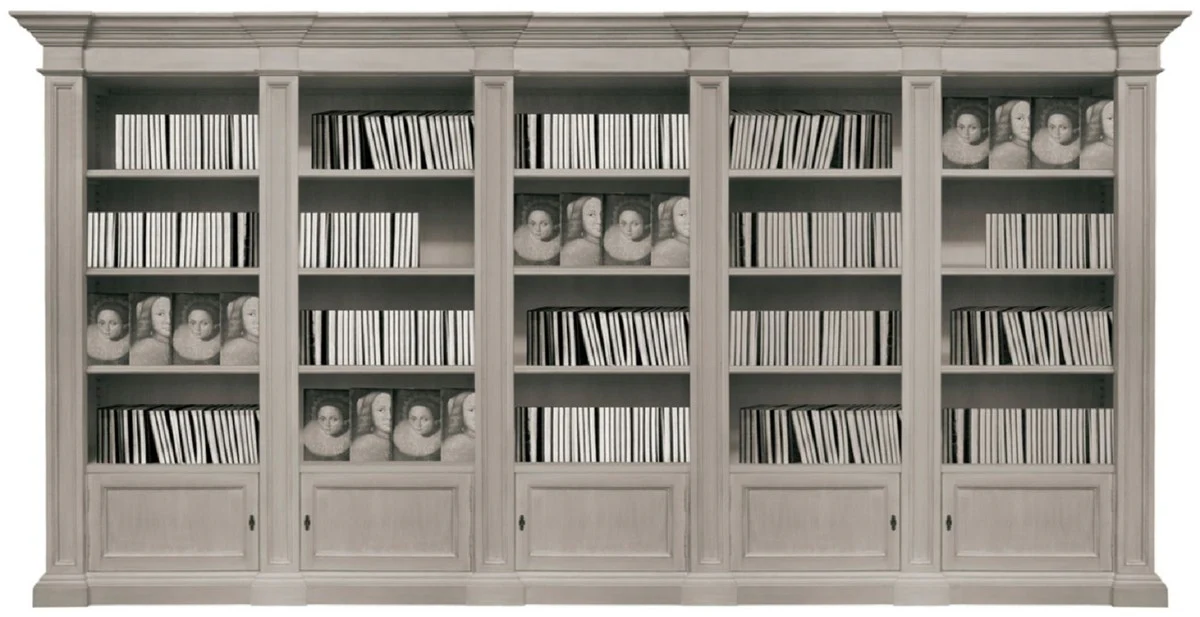 Luxus Landhausstil Bücherschrank Grau 452 x 47 x H. 230 cm - Handgefertigter Massivholz Schrank - Regalschrank - Wohnzimmerschrank - Büroschrank - Landhausstil Möbel