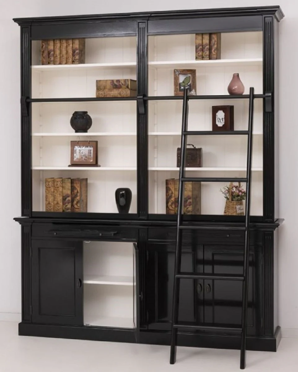 Landhausstil Bücherschrank mit Leiter Schwarz / Weiß 200 x 40 x H. 240 cm - Massivholz Schrank - Wohnzimmerschrank - Regalschrank - Büroschrank - Landhausstil Möbel